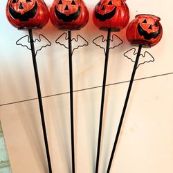 Set Of 4 Jack-o-lantern Pumpkin Halloween Glass Candle Holder Garden Lawn Stakes