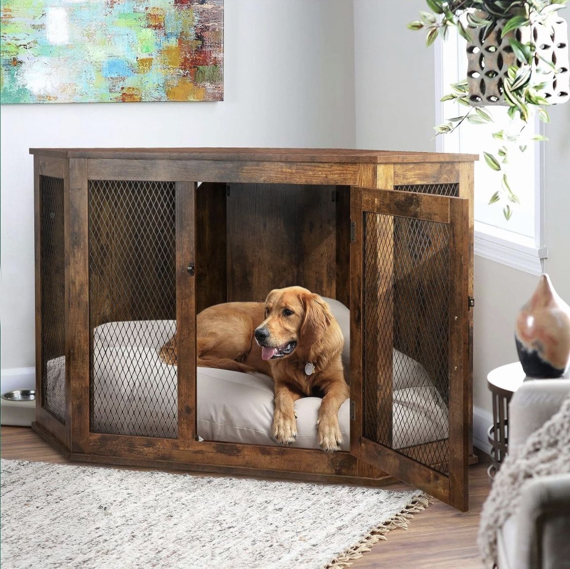 Wooden Corner Dog Crate Dresser Table
