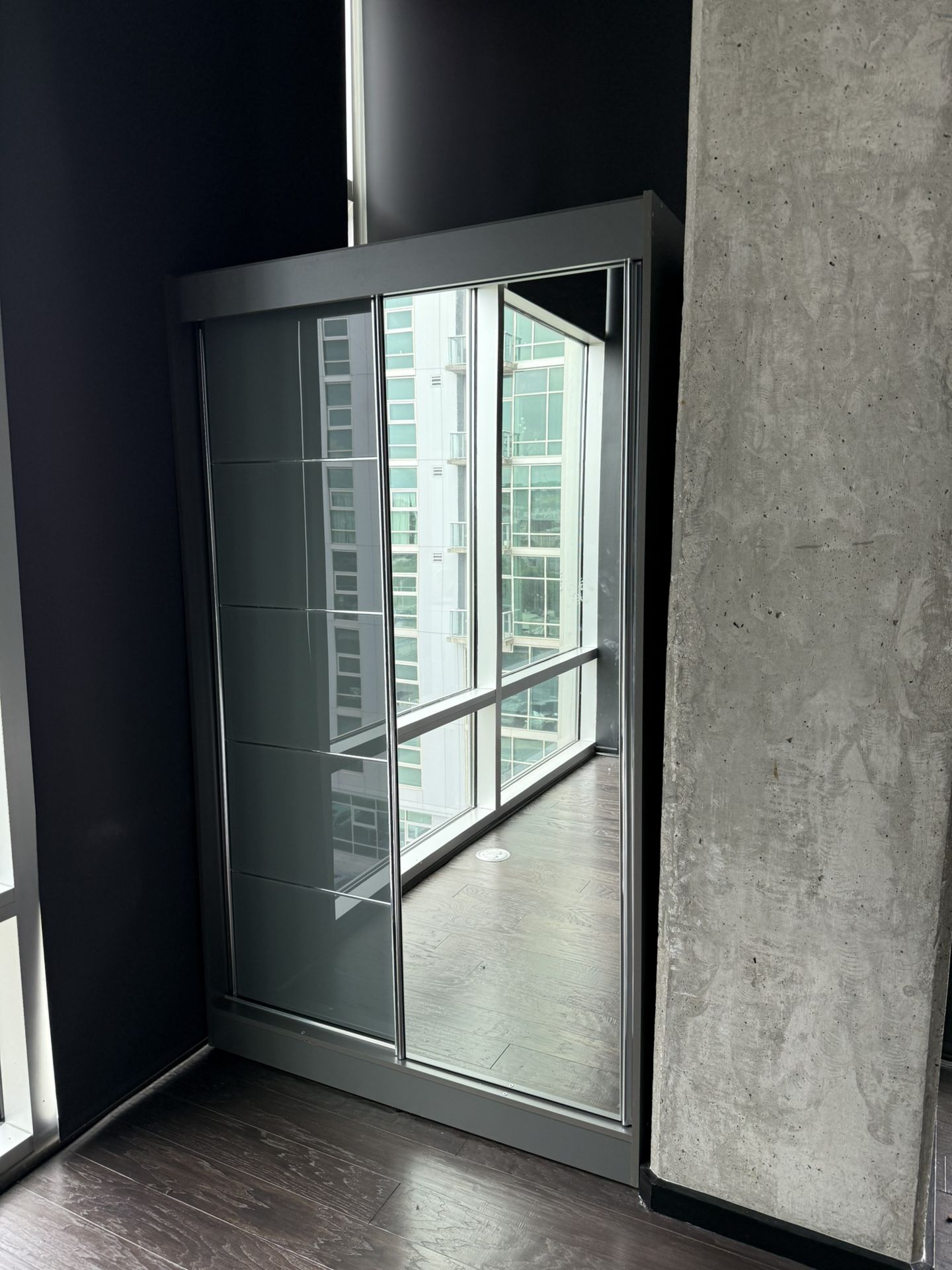 Grey Wood Freestanding 2 Slide Doors Wardrobe Cabinet