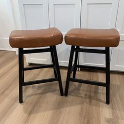 24'' Backless Faux Leather Upholstered Saddle Stool Chair Set of 2. Brown