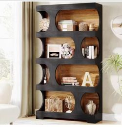 New assembled JW0995 71" Tall Bookcase, 4-Tier S-Shaped Bookshelf, Wood Decorative Storage Shelving, Modern Freestanding Display Shelves, Large Librar