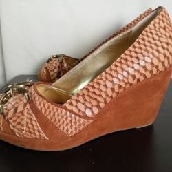 Size 7.5 M Elaine Turner Leather Open Toe Snake Skin Wedge Heels Buckle Brown  
