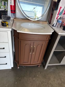 24 in. Brown Wood Single Sink Freestanding Bathroom Vanity with White Marble Top (Assembled)
