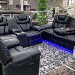 New Encore Black Power Reclining Sofa Loveseat And Recliner With Bluetooth Speaker And LED Lights