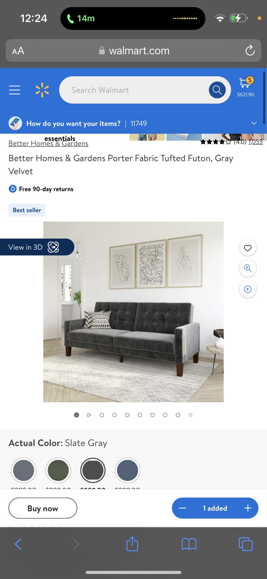 Better Homes & Gardens Porter Fabric Tufted Futon, Gray Velvet