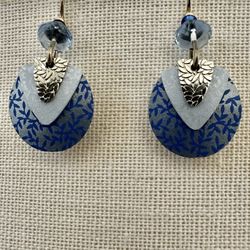 Adajio Earrings -  Periwinkle Disc & Shield   Shiny Silver Tone Leaf Overlay