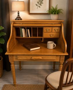 Oak Roll-Top Secretary Desk