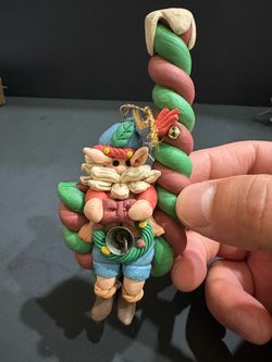 Vintage Handmade Polymer Clay Christmas Elf Candy Cane Ornament - 4.5"