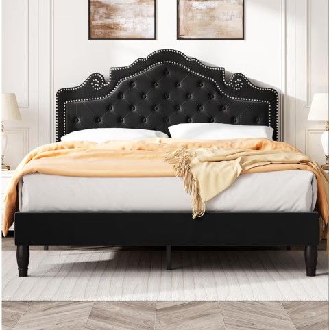 SHA CERLIN Full Size Bed Frame with Adjustable Headboard/Velvet Upholstered/Diamond Button Tufted and Metal Studs/No Box Spring Needed/Wood Slat Suppo