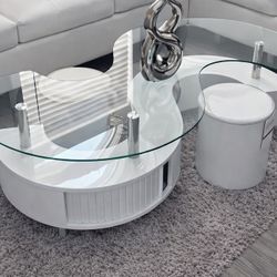 SPIRAL GLASS-TOP COFFEE TABLE - 2 Stools - mesita de centro de sala BLANCA