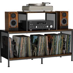 Sonyabecca Spacious Vintage Record Player Table - Holds 150-250 Vinyl Albums, Adjustable Dividers, Side Display Areas - Ideal for Living Room, Bedroom