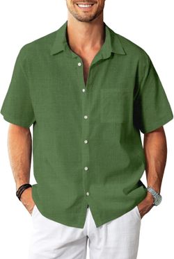 KYKU Linen Shirts for Men: Casual Cotton Mens Short Sleeve Button Down Shirts Beach Wedding Summer Clothes with Pocket