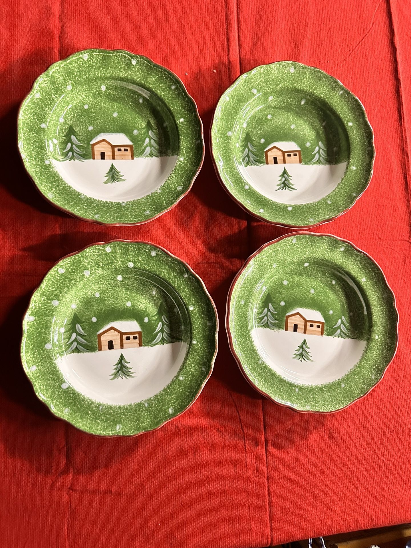 Set of 4 - The Cellar LOG CABIN Shallow Rimmed Dessert Salad Bowls 10-1/4”