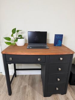 Refinished Solid Wood Desk – Black & Stained Wood – 5 Drawers