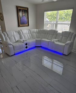 White Leather Sectional Sofa with LED Lights