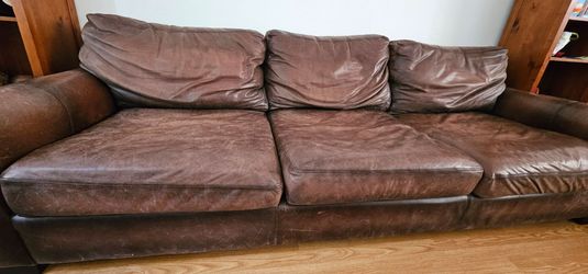 Pottery Barn Leather Grand Sofa Roll Arm Burnished Walnut - 109" wide, 43.5" deep