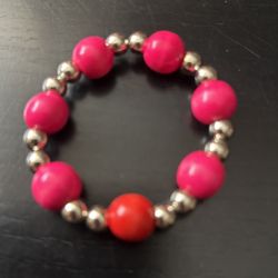 Pink Wood Beads With Small Silver Beads Bracelet