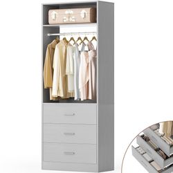 Freestanding 2FT Closet System with 3 Wood Drawers, 24" Closet Organizer System with Hanging Rod & Shelves, Walk-in Closet Systems for Small Closets, 