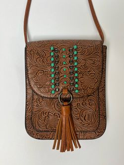 Western Tooled Faux Leather Crossbody Bag Turquoise Studded Tassel Purse Boho