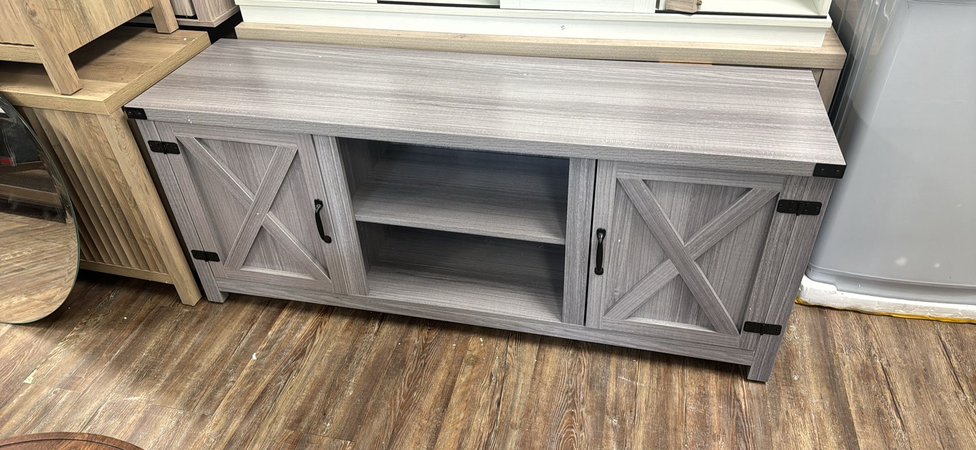 65 Inch TV Farmhouse Entertainment Center with Double Barn Doors and Storage Cabinets, Console TV Table Media for Living Room, Bedroom (Grey)