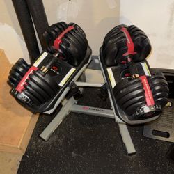 Bowflex 52.5 lb adjustable dumbbells and stand. 