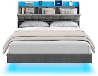 Queen Size Floating Bed Frame with LED Lights, Queen Bed Frame with Charging Station, Tufted Storage Headboard, Upholstered Platform Bed Frame, No Box