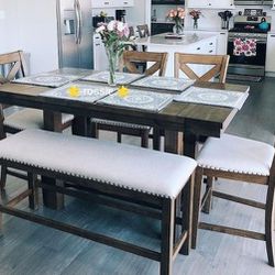 Natural Brown Rectangular Extension Counter Height Dining Table , 4 Upholstered Bar Stools & Bench👑 New Brand 💯 Dining Room / Kitchen