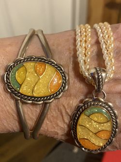 Beautiful Bangle Bracelet And Necklace To Match With Pearl Chain Sterling Silver 