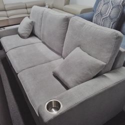 82.50"W  Small Sleeper Sectional in Gray Fabric, w/ Stainless Steel Cup Holders.