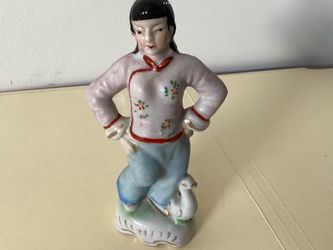 1930s Hand-Painted Porcelain Japanese Figurine Female & Duck 6” Tall