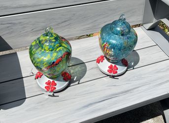 2 Handmade Handblown Glass Hummingbird Feeders