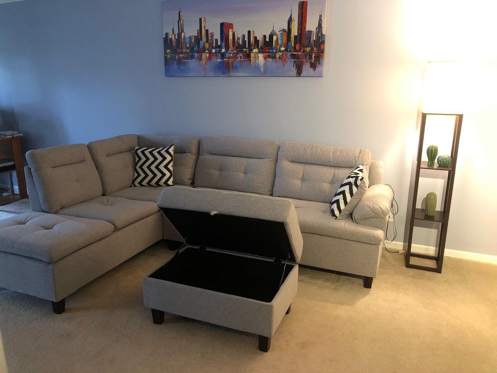 Brand New Light Grey Linen Sectional Sofa +Storage Ottoman (New In Box) 