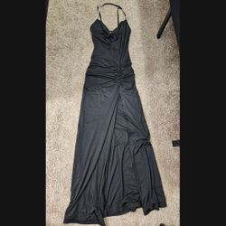 Le Louvre Boutique Black Maxi Dress M Rhinestone Straps Cowl Neck Ruched Slit