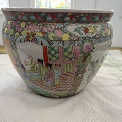 Rose Medallion ceramic porcelain Asian Chinese Chinoiserie garden planter pot. Butterfly, koi fish, Geisha Girl fishbowl