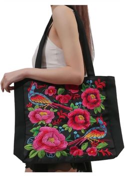 12 pc wholesale resell Floral Embroidered Tote Bag for Women, Reusable Shoulder Handbag With Colorful Flower & Bird Design