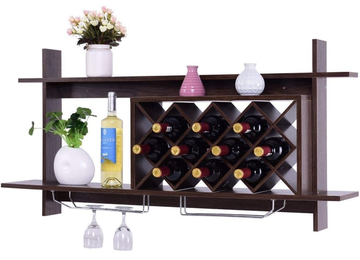 Giantex Wall Mounted Wine Rack Organizer W/Metal Glass Holder & Multifunctional Storage Shelf Modern