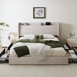 King Size Storage Bed Frame with 4 Oversized Drawers, Modern Wingback Headboard with Storage Shelf & Charging Station, No Box Spring Needed, Easy Asse