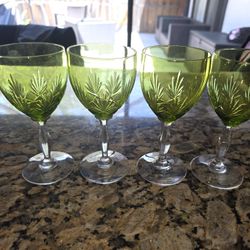 4 Rare Crystal Goblet Wine Glass Green With Clear Stem Vintage