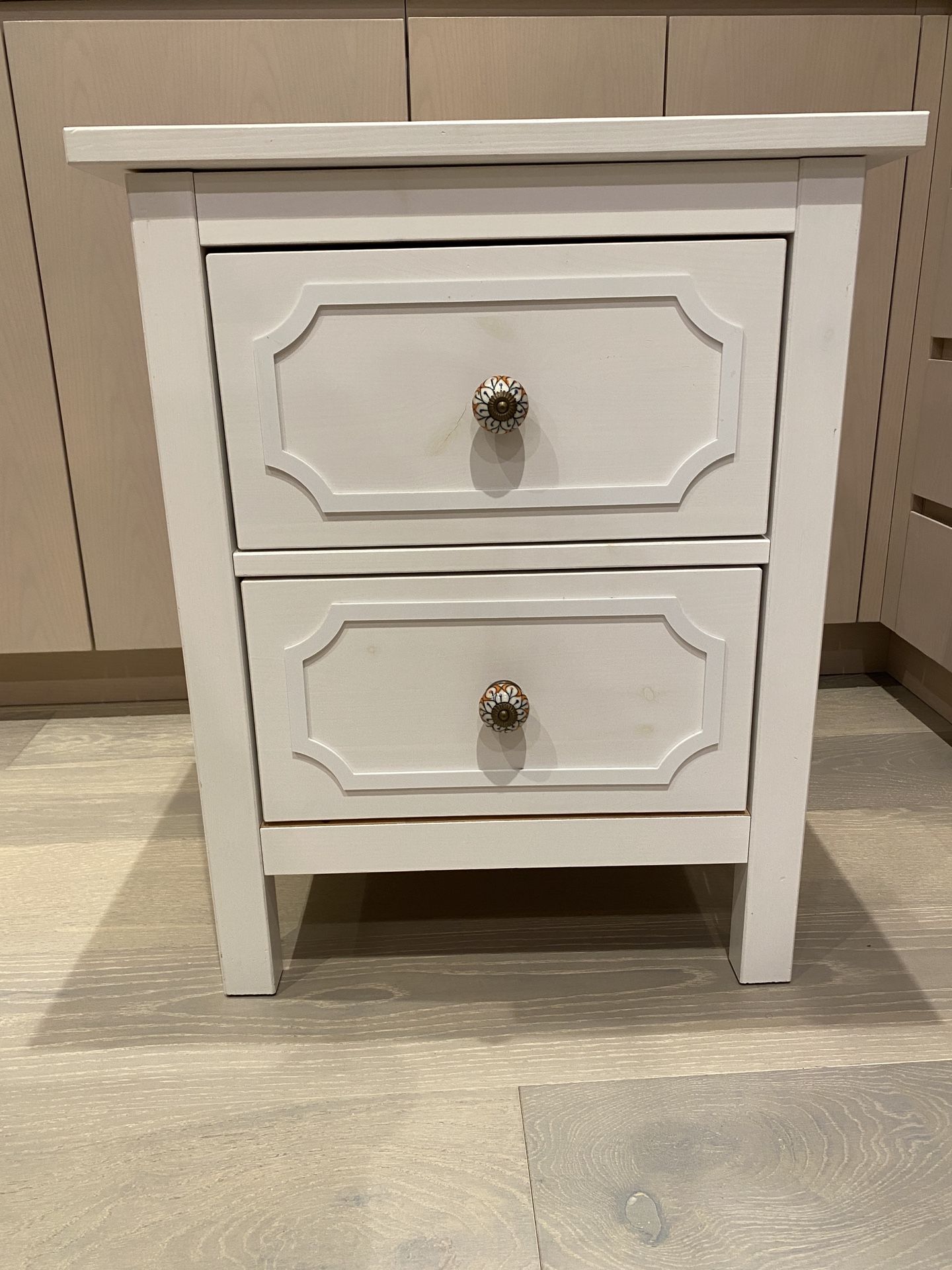 IKEA HEMNES 2-DRAWER CHEST with ANTHROPOLOGIE KNOBS & WOODEN DECAL DESIGN ADHESIVE