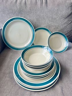 12 Tienshan Kitchen Cobalt Green Dinner Plates Set Vintage Dining Dish Lot