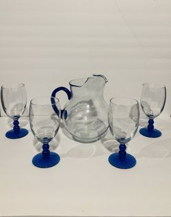 Libbey Blue Pitcher and Goblet Iced Tea Glasses Set