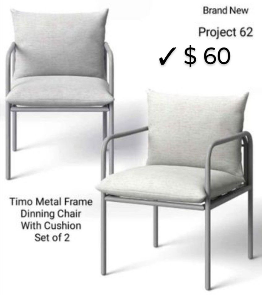Brand New in Box Set Of 2 Timo Metal Frame Dinning Chair with Cushion Outdoor/ Indoor