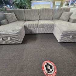Brand New 60"×115"×60" Light Gray Fur-like Corduroy Sofa Sleeper With 2 Storage Chaises 