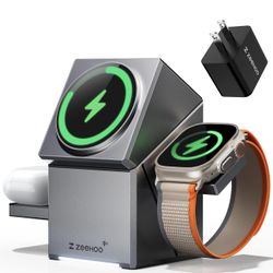ZEEHOO Wireless Charging Station, CubeTrick-X Qi2 15W Fast Charge, 3 in 1 Wireless Charging Station for Apple Watch Charger, for iPhone 16, 15, 14, 13