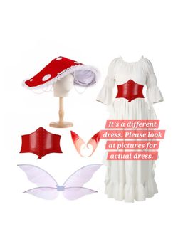 Mushroom Fairy Costume Set with Dress, Hat, Wings, and Elf Ears Size S