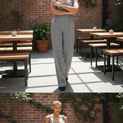 **New** Potter's Pot Gray Plaid Tie-Shoulder Wide-Leg Jumpsuit