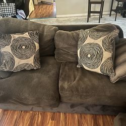 Brown Microsuede Couch And Loveseat, 8 Pillows