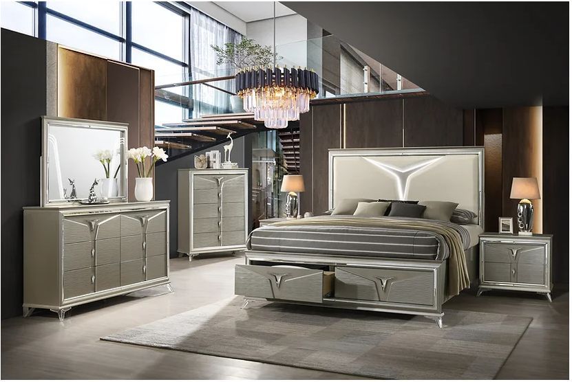 Queen/King HB Height: 66" Dresser: 64" x 18.25" x 39.75" Mirror: 48.82" x 2" x 37.24" Chest: 38" x 18.25" x 52.75" Nightstand: 30.71" x 17.91" x 28