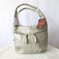 NWT Tignanello Silver Metallic Pebbled Leather Hobo Bag W/ Key Ring & Card Holder