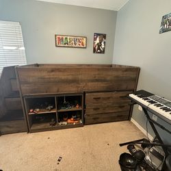 Rustic Wood Loft Bed With Storage, Stairs And Drawers